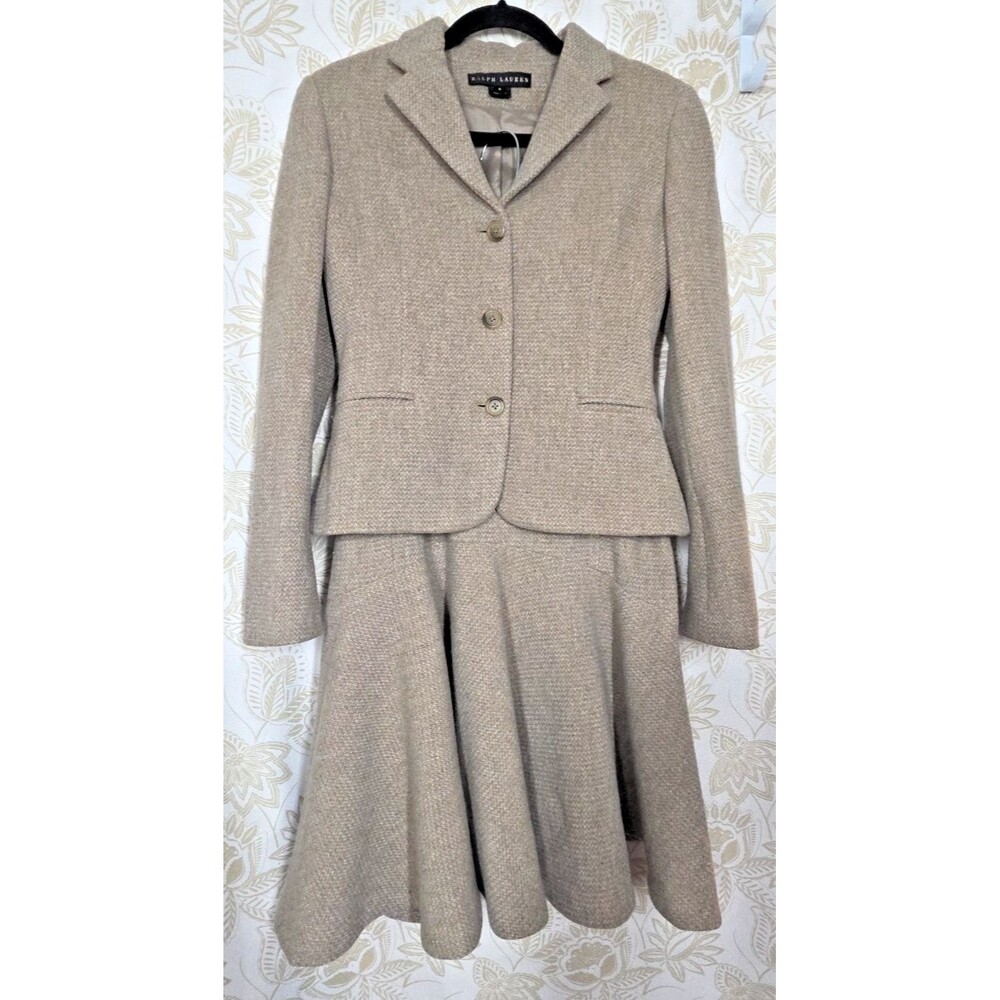 NEW Ralph Lauren Black Label Wool Womens Suit JACKET 8 SKIRT 10 Camel Academia *